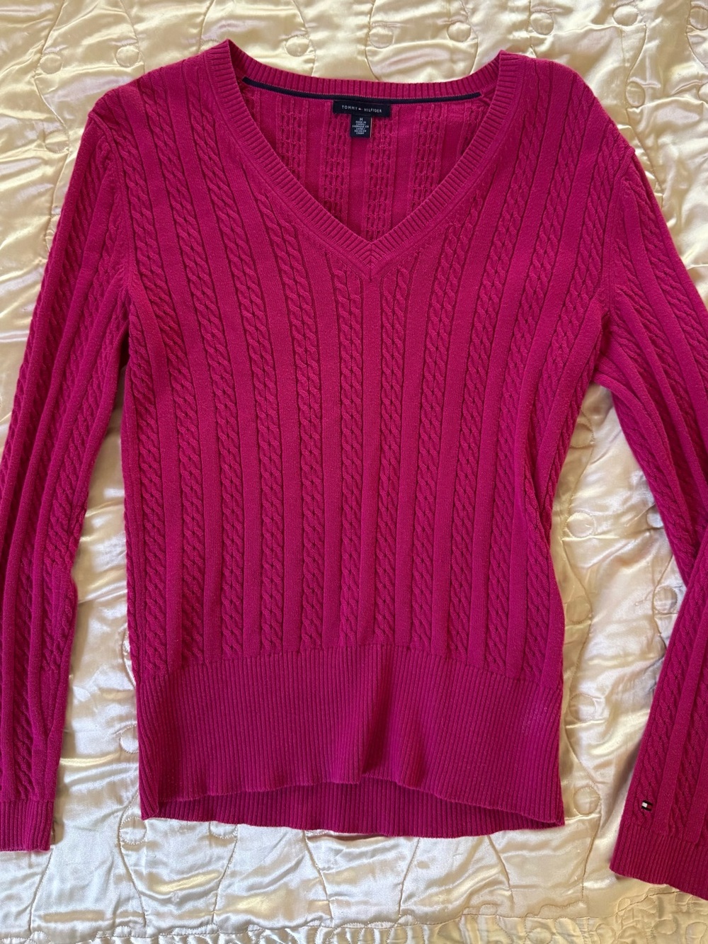 Tommy Hilfiger Women's Cable V-Neck Sweater - Raspberry, 100% Cotton